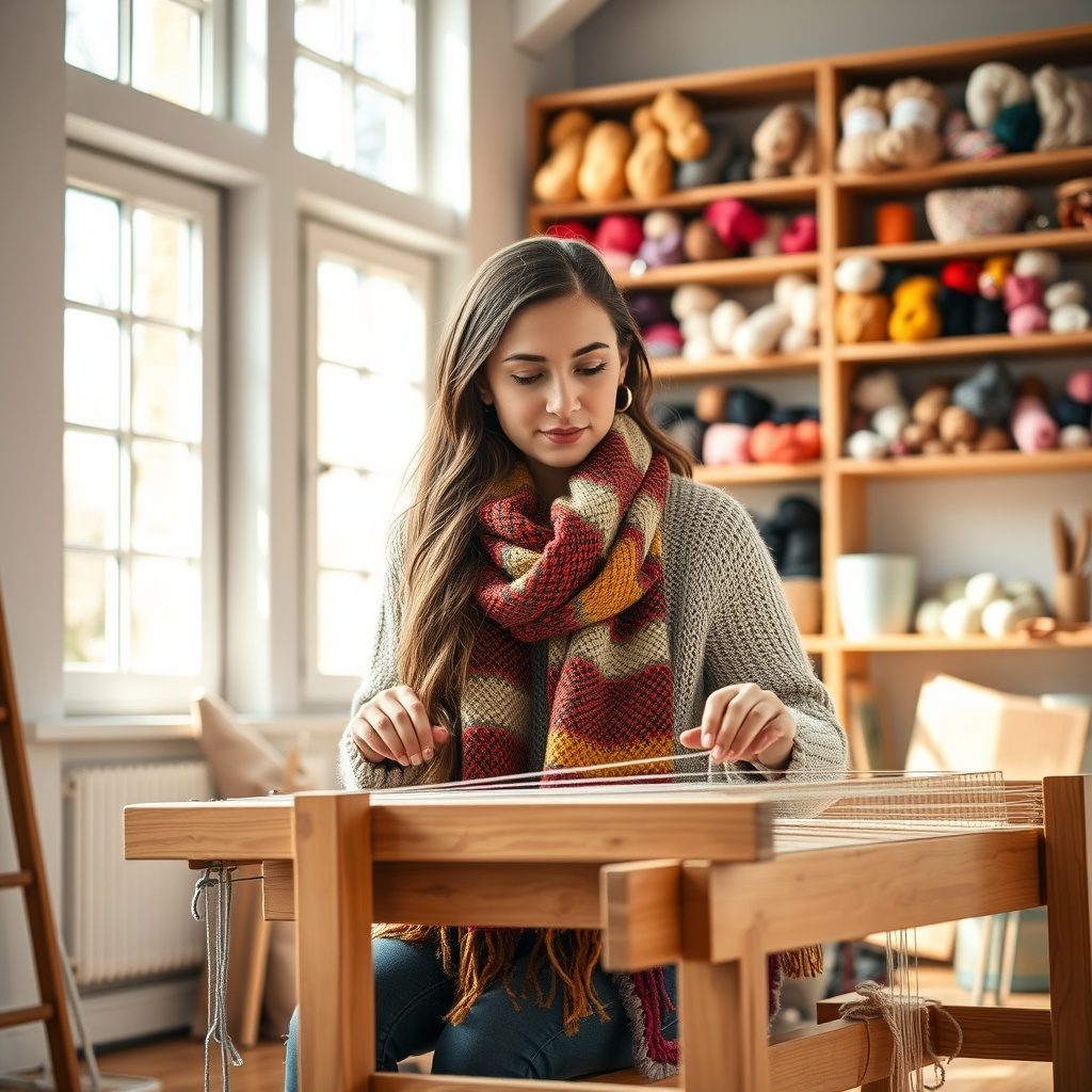 A beginner weaving a scarf on a loom