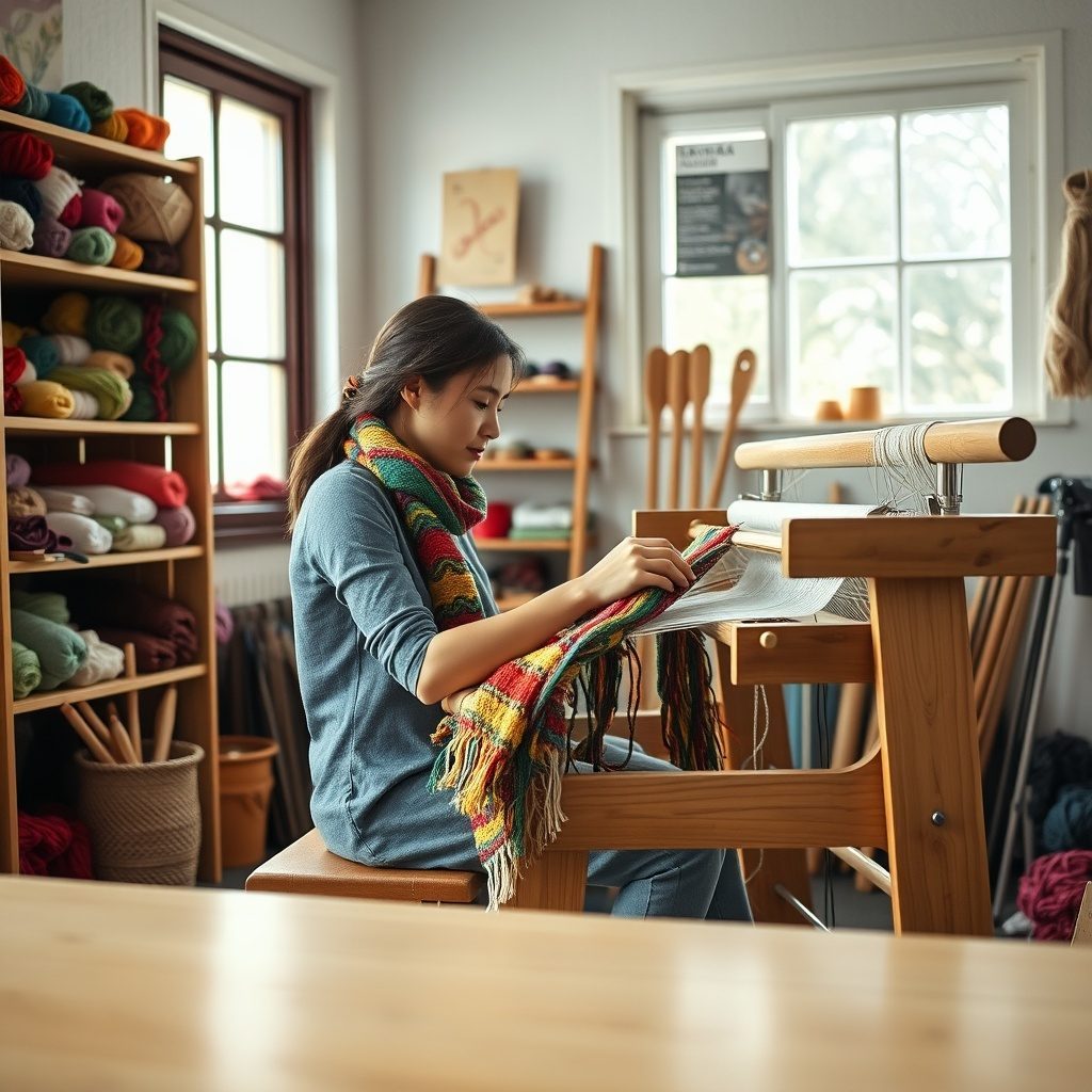 Weaving studio with beginners making scarves