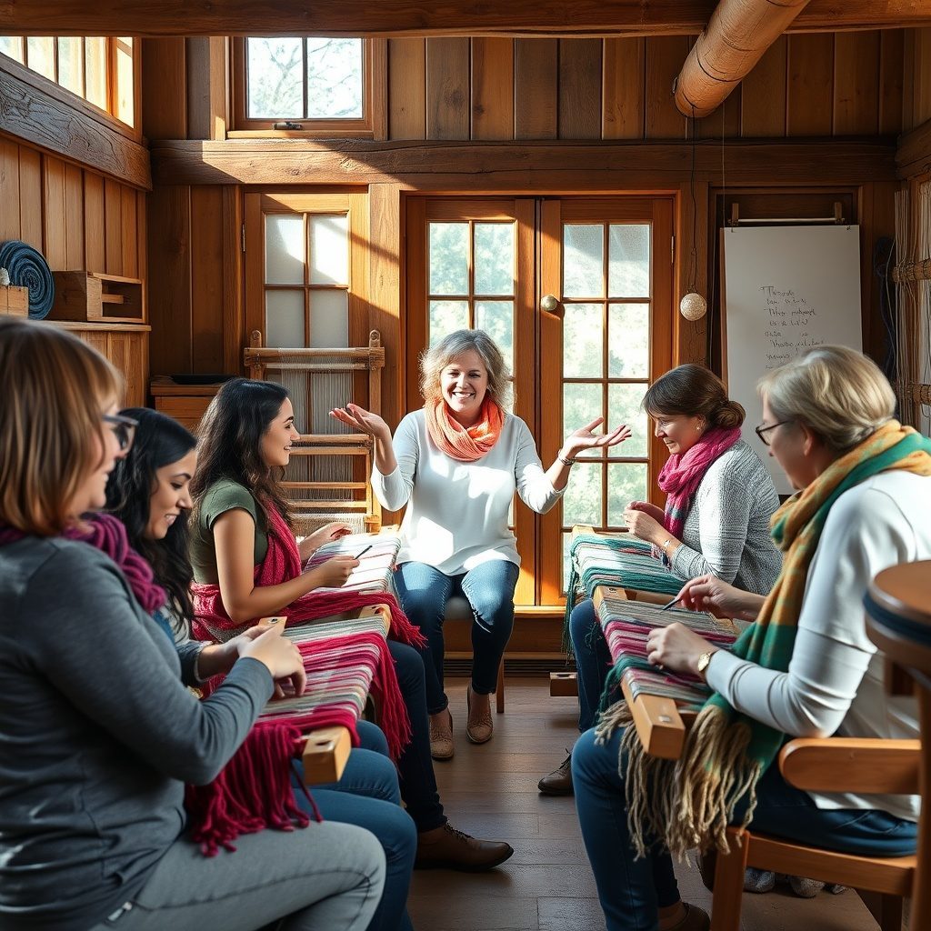 Weaving studio with students at work
